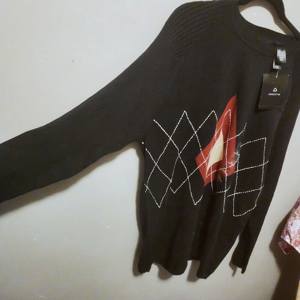 VTG Claiborne Black Red Argyle Diamond Cotton Golf Grandpa Sweater XL Long NWT - Picture 2 of 8